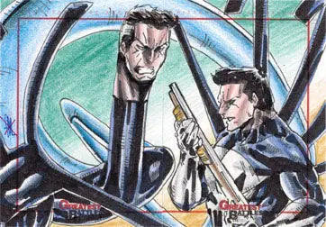 Sketch illustration of two men in a futuristic vehicle from Marvel trading cards