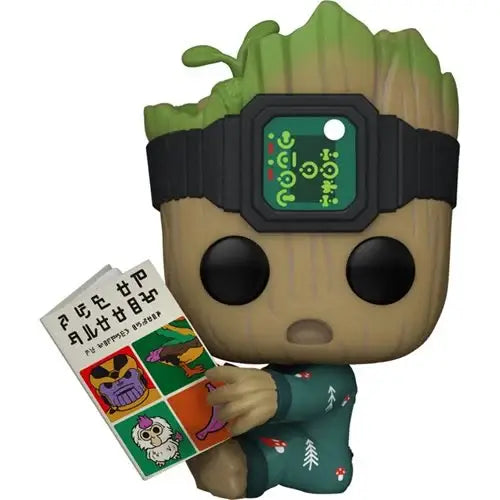 Baby Groot in holiday pajamas reading a comic book Funko Pop figure for collectors