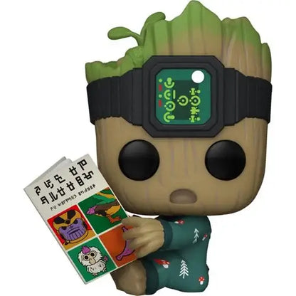 Baby Groot in holiday pajamas reading a comic book Funko Pop figure for collectors