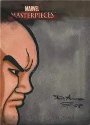 Partial view of a bald man with a furrowed expression on a Marvel sketch card