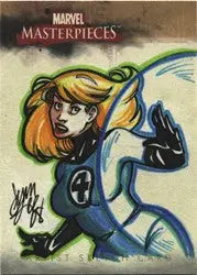 Sketch card of Jenn Lee’s Invisible Woman in blue costume with number 4 emblem