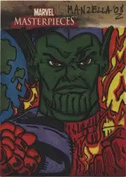 Green-skinned Super Skrull with glowing eyes on Joe Manzella sketch card