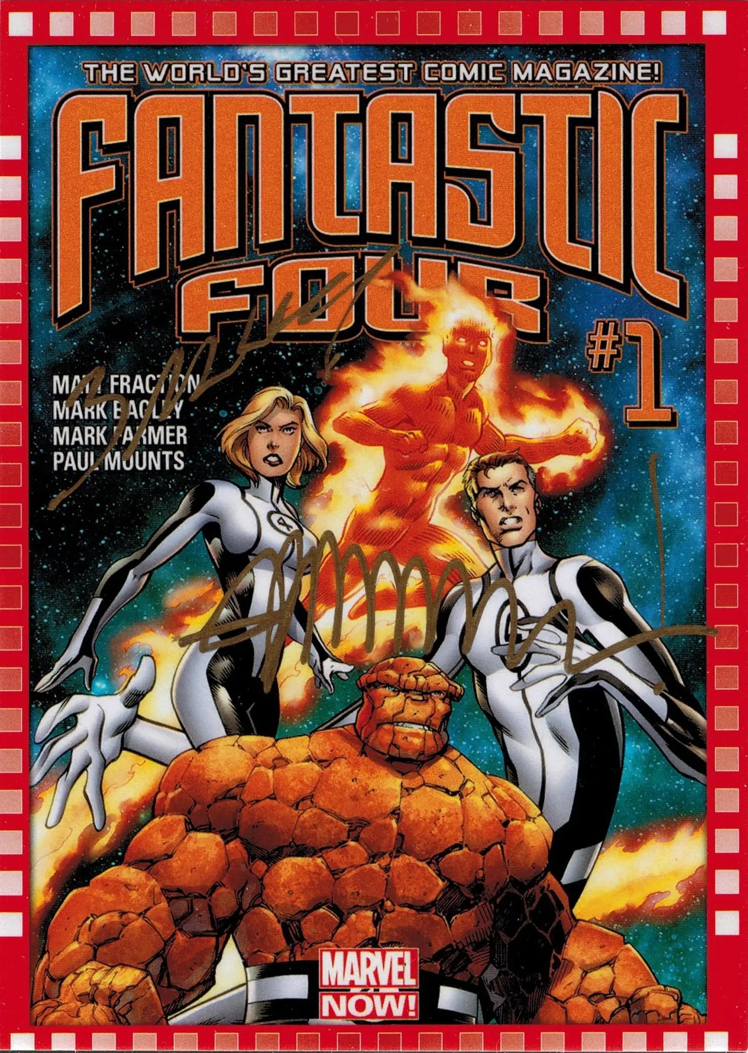 Comic book cover featuring the Fantastic Four on Matt Fraction and Mark Bagley Autograph Card