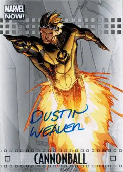 Superhero in yellow flames aiming a gun on Marvel Now! 2014 Autograph Card by Dustin Weaver