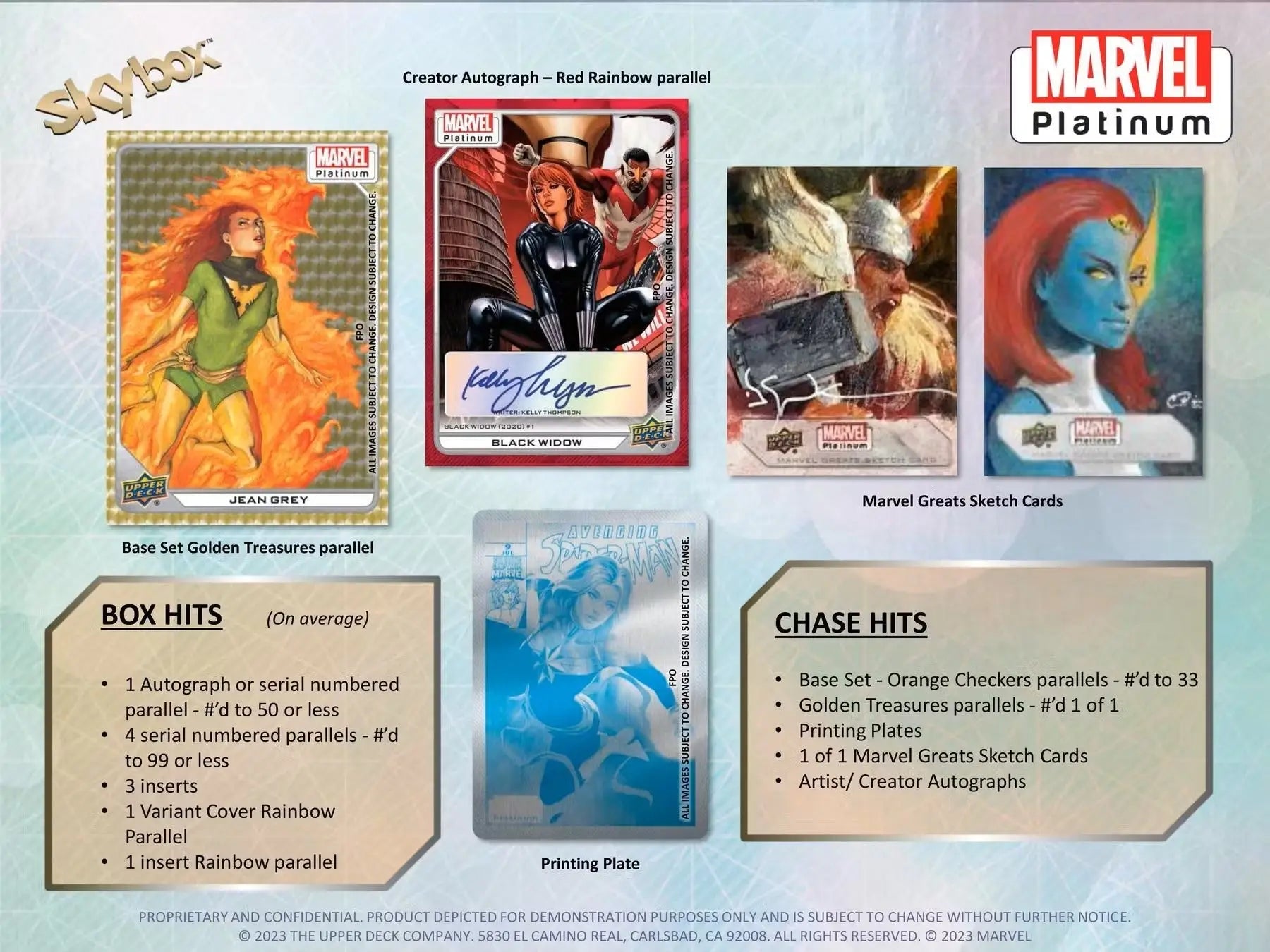 Marvel Platinum Trading Cards Hobby Box display featuring X-Men characters and original art