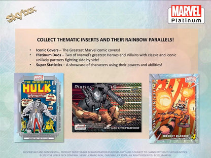 Marvel Platinum Trading Cards Hobby Box advertisement featuring original art and rainbow parallels