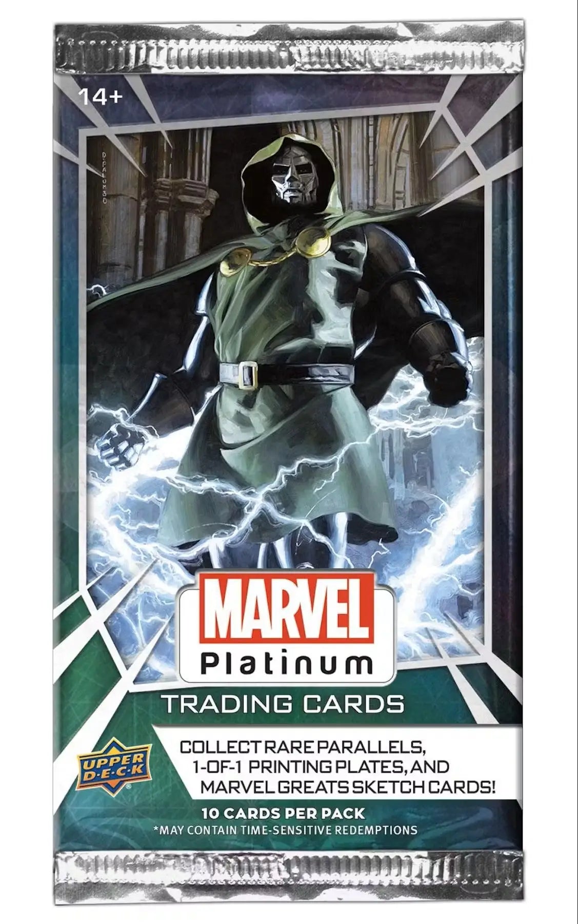 Marvel Platinum Trading Cards Hobby Box featuring Doctor Doom and lightning effects, original art