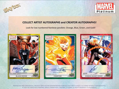 Marvel Platinum Trading Cards Hobby Box featuring signed superhero original art with rainbow parallels