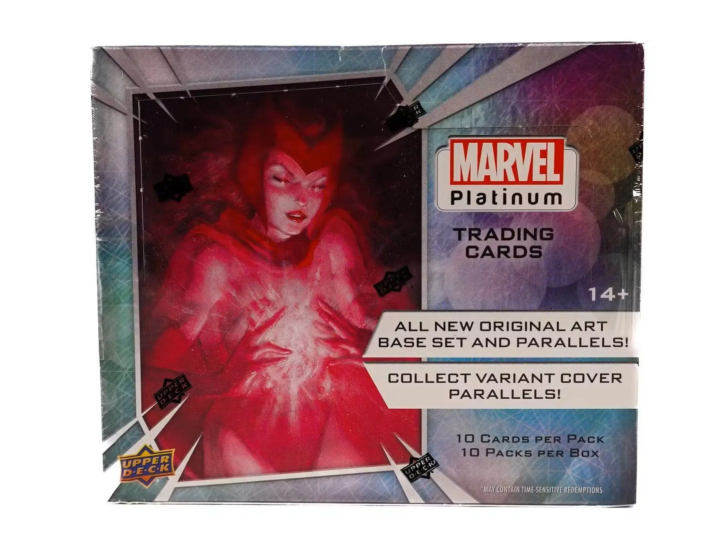 Marvel Platinum Trading Cards Hobby Box with glowing red original art from Upper Deck