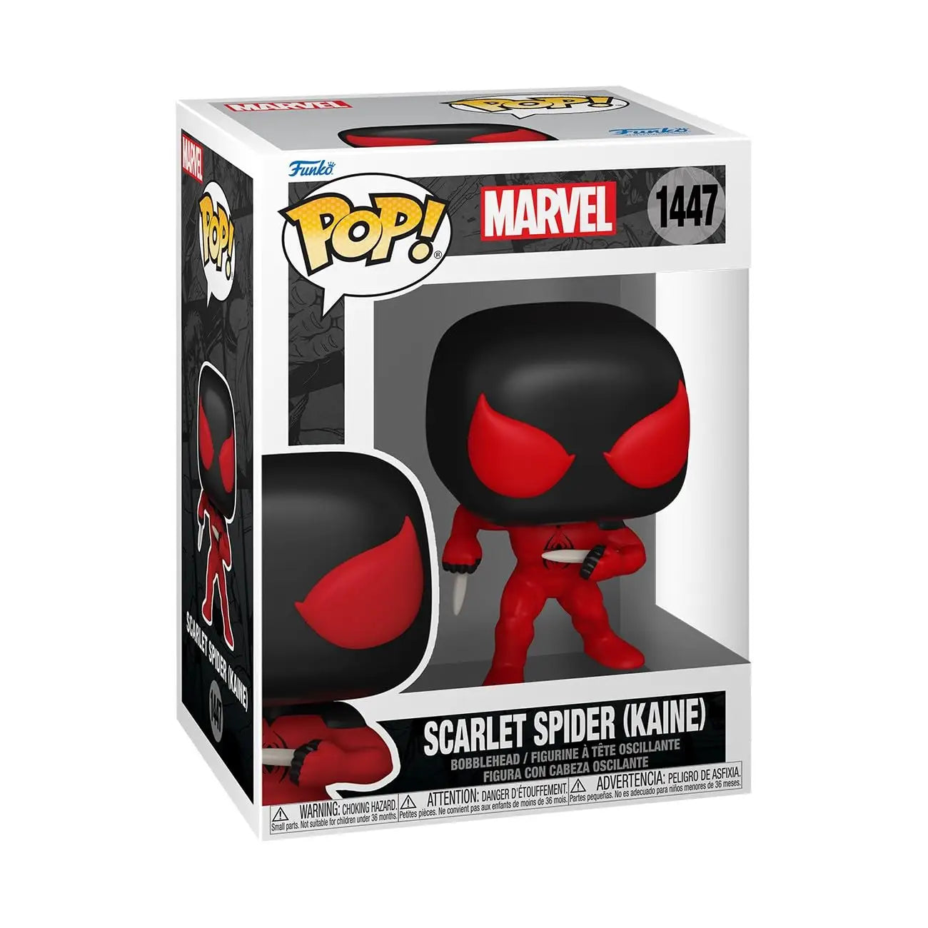 Funko Pop! Scarlet Spider (Kaine) collectible with red and black costume design