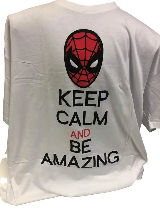 White Marvel Spiderman T-Shirt with Keep Calm and Be Amazing design for fans