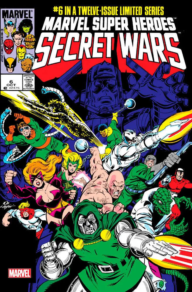 Comic book cover of Marvel Super Heroes Secret Wars #6 with epic battles and characters