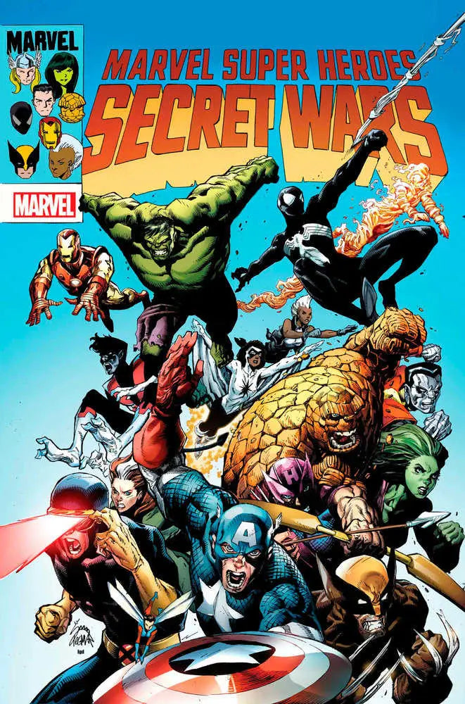 Marvel Super Heroes Secret Wars comic cover with superheroes in dynamic battle poses