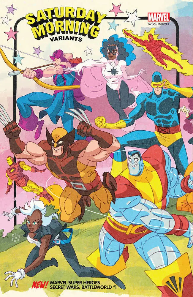 Comic book cover of Marvel Super Heroes Secret Wars with vibrant Saturday morning style