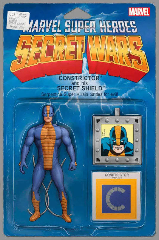 Vintage Marvel Secret Wars Constrictor action figure in blue and orange packaging