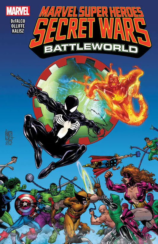 Comic book cover of Marvel Super Heroes in classic Secret Wars battle scene