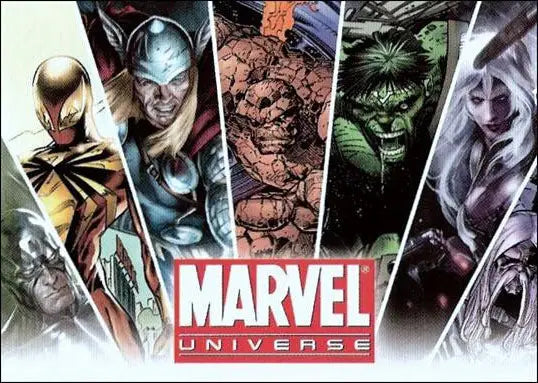 Collage of Marvel superheroes with Marvel Universe logo on a promo card for trading cards