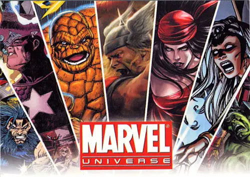 Collage of Marvel superheroes and logo on Marvel Universe 2011 promo card for trading cards