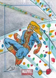 Superhero in blue and red costume climbing rock wall on Leeahd Goldberg sketch card