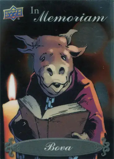 Cartoon cow in suit reading by candlelight on Marvel Memoriam Chase Card IM-11 Bova