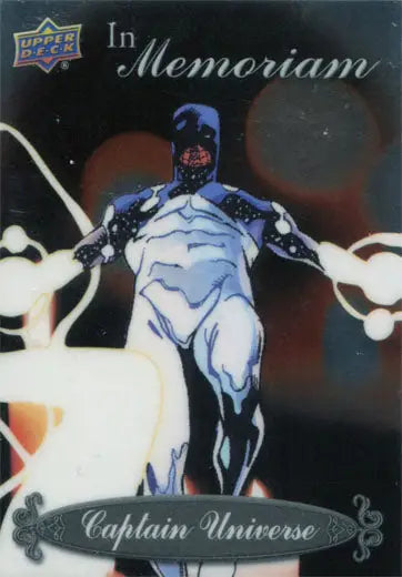 Stylized superhero in blue and white costume on Marvel Vibranium In Memoriam Chase Card