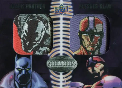 Holographic Marvel manufactured patch chase card featuring Black Panther and Klaw portraits