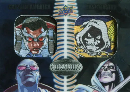 Trading card featuring comic book villains and a central logo for Patch Chase Card