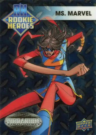 Dynamic Ms. Marvel action pose on a Marvel Vibranium Rookie Heroes Chase Card RH-10