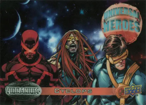 Marvel Vibranium Universal Heroes Chase Card featuring Daredevil, Jean Grey, and Cyclops