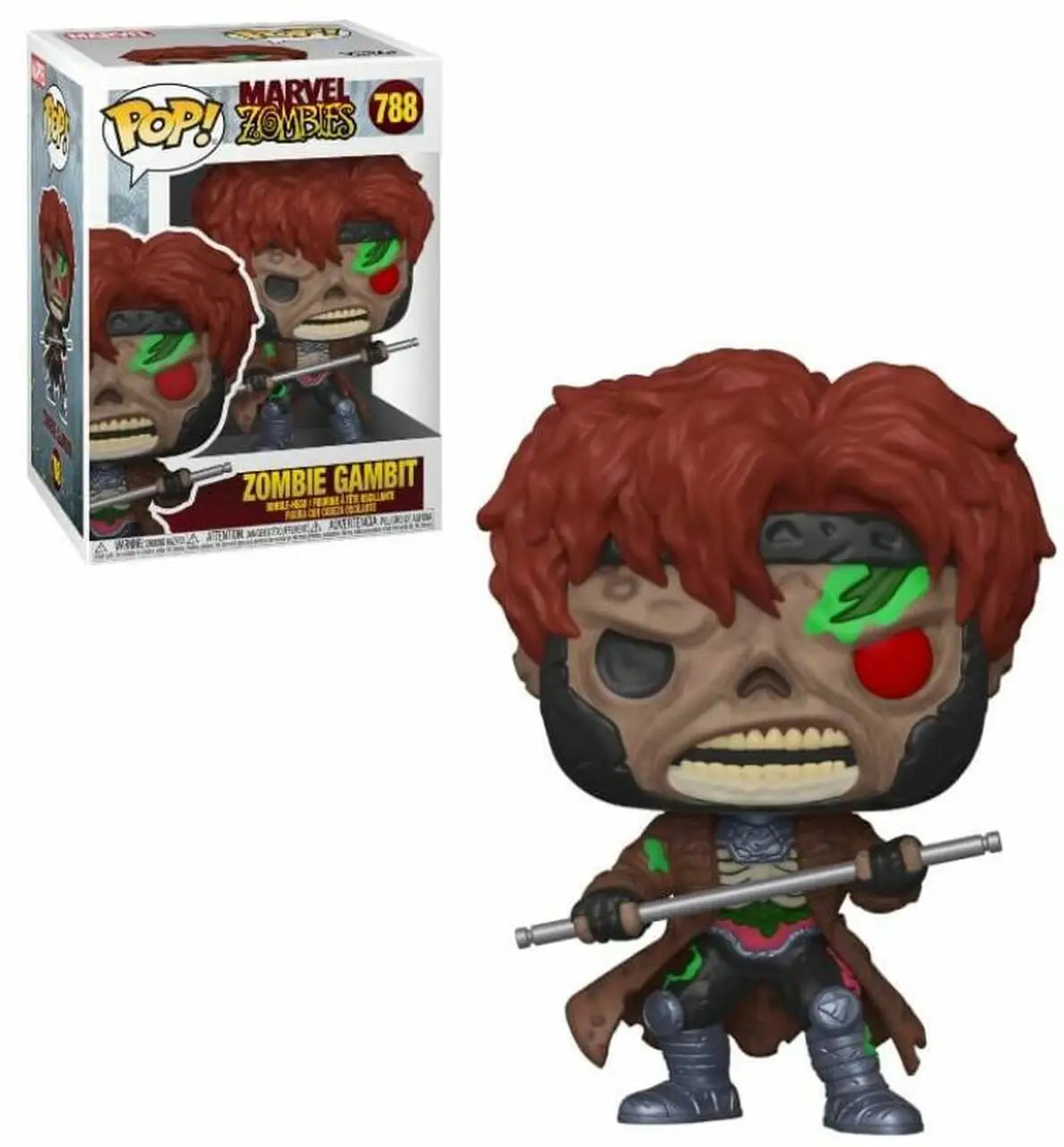 Zombie Gambit Funko Pop from Marvel Zombies with red hair and glowing green eyes