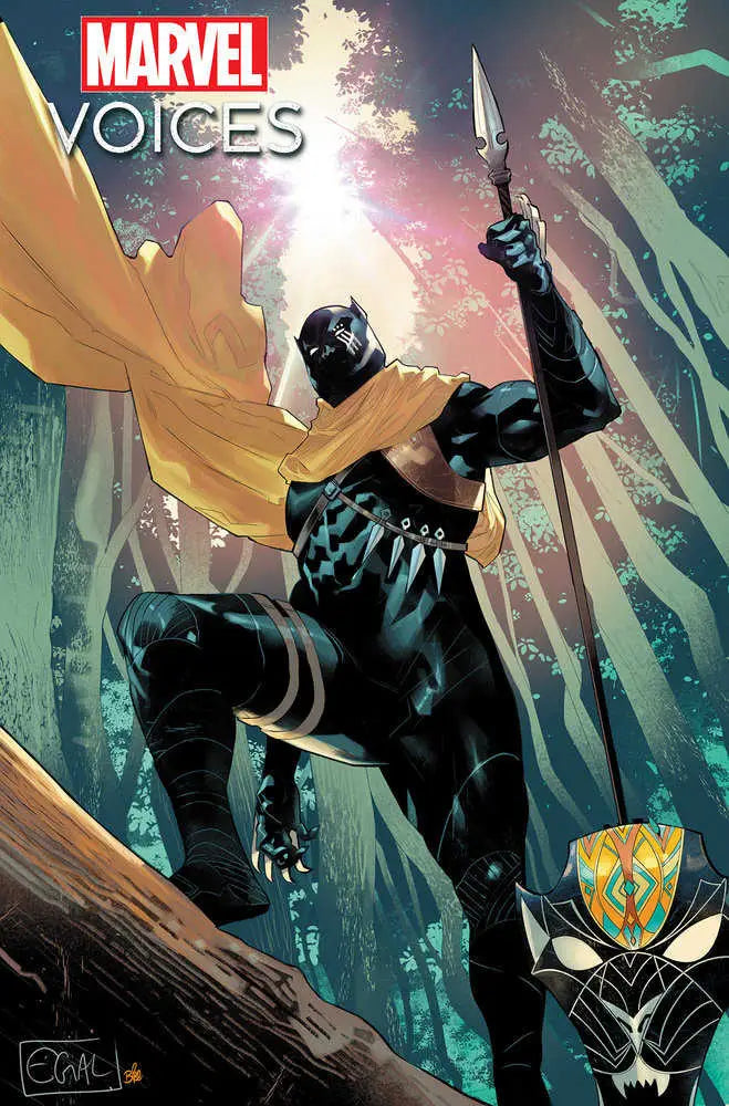 Black Panther in action pose with spear, featured in Marvel’s Voices trading cards