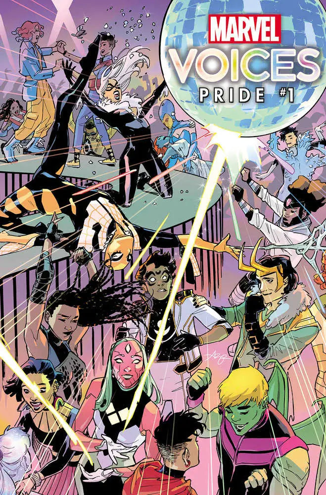 Comic book cover for Marvel Voices: Pride with superheroes in action, ideal for trading cards