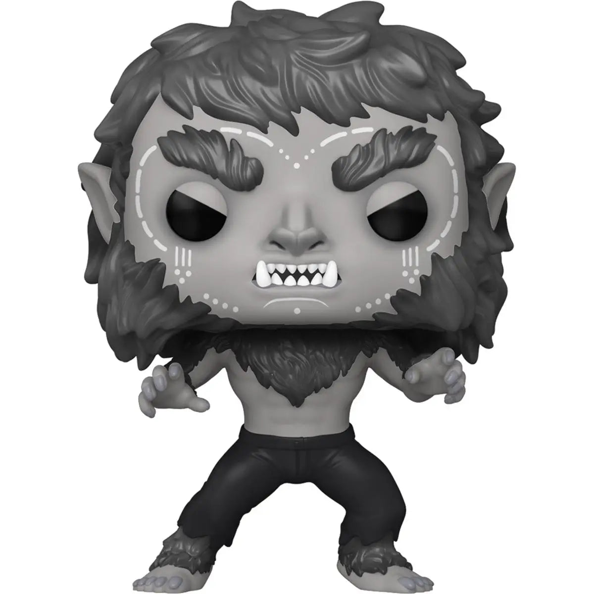 Black and white vinyl figure of Marvel’s Werewolf by Night Funko Pop #1273 with sharp teeth