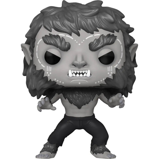 Black and white vinyl figure of Marvel’s Werewolf by Night Funko Pop #1273 with sharp teeth