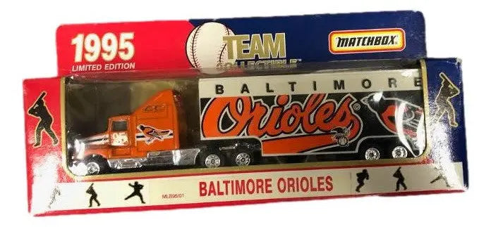 Matchbox toy truck with Baltimore Orioles branding, scale tractor trailer Philadelphia