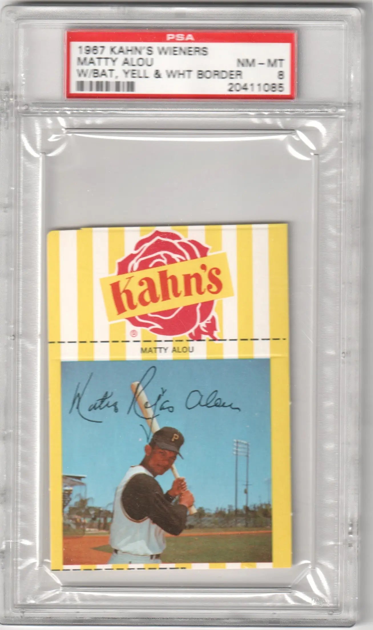 PSA-graded Matty Alou 1967 Kahn’s baseball card with WHT border for Columbia Hobby