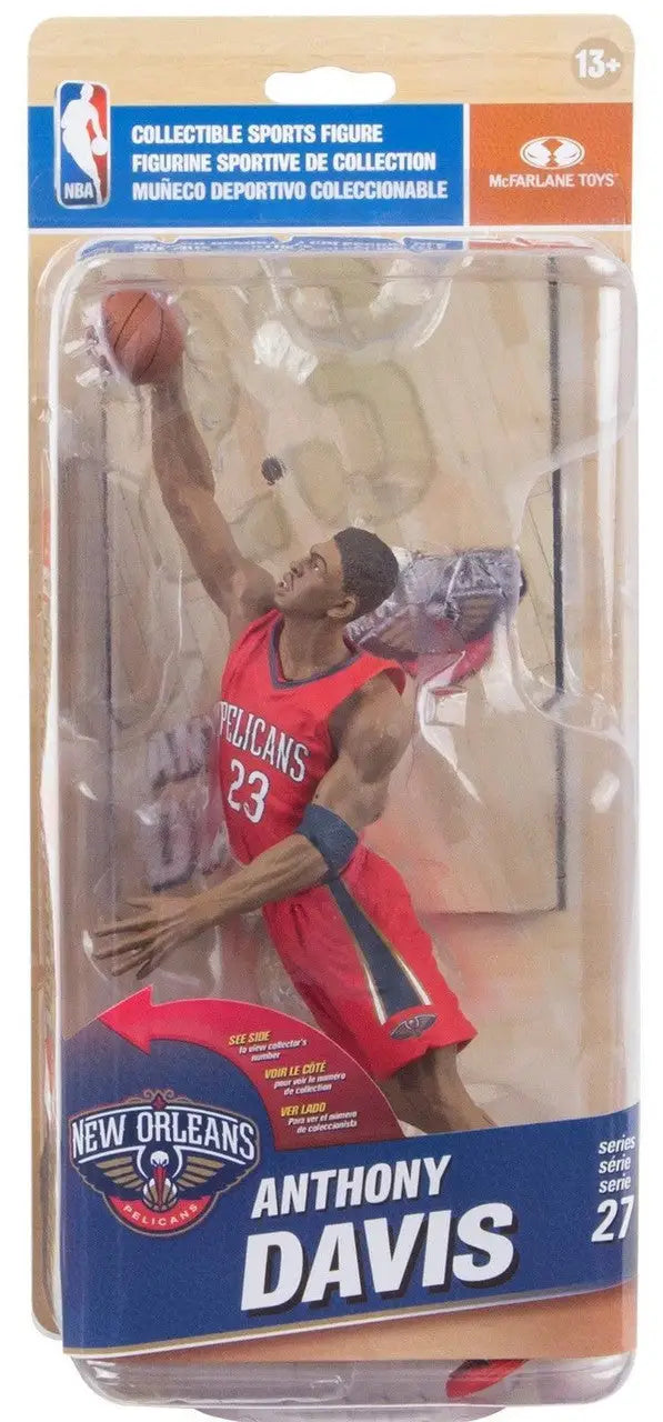 New Orleans Pelicans Anthony Davis action figure in red uniform mid-jump for trading cards