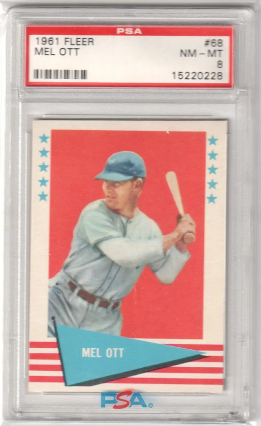 PSA-graded Mel Ott 1961 Fleer Baseball Greats card in a batting stance with blue cap