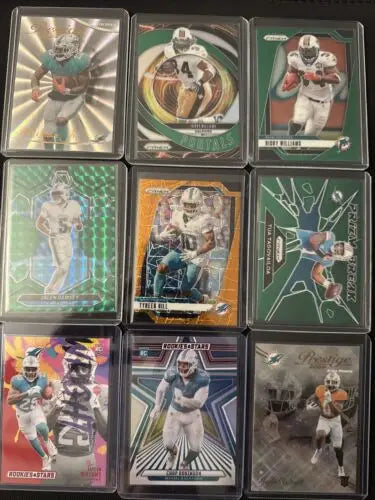 Nine Miami Dolphins football trading cards in a premium card lot featuring Jalen Ramsey