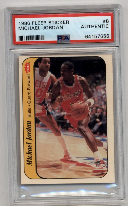 Michael Jordan 1986-87 Fleer Sticker #8 in PSA Authentic grade driving to the basket