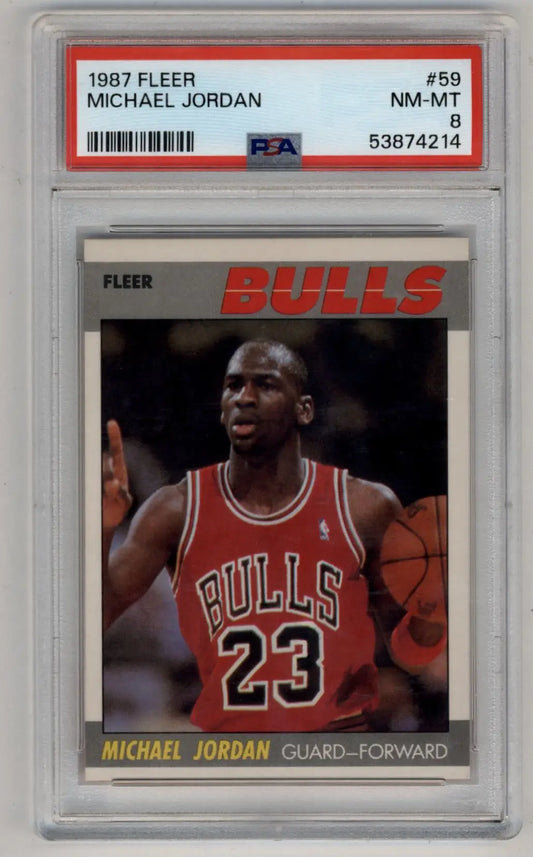 PSA-graded Michael Jordan 1987 Fleer Bulls #59 trading card in a protective case