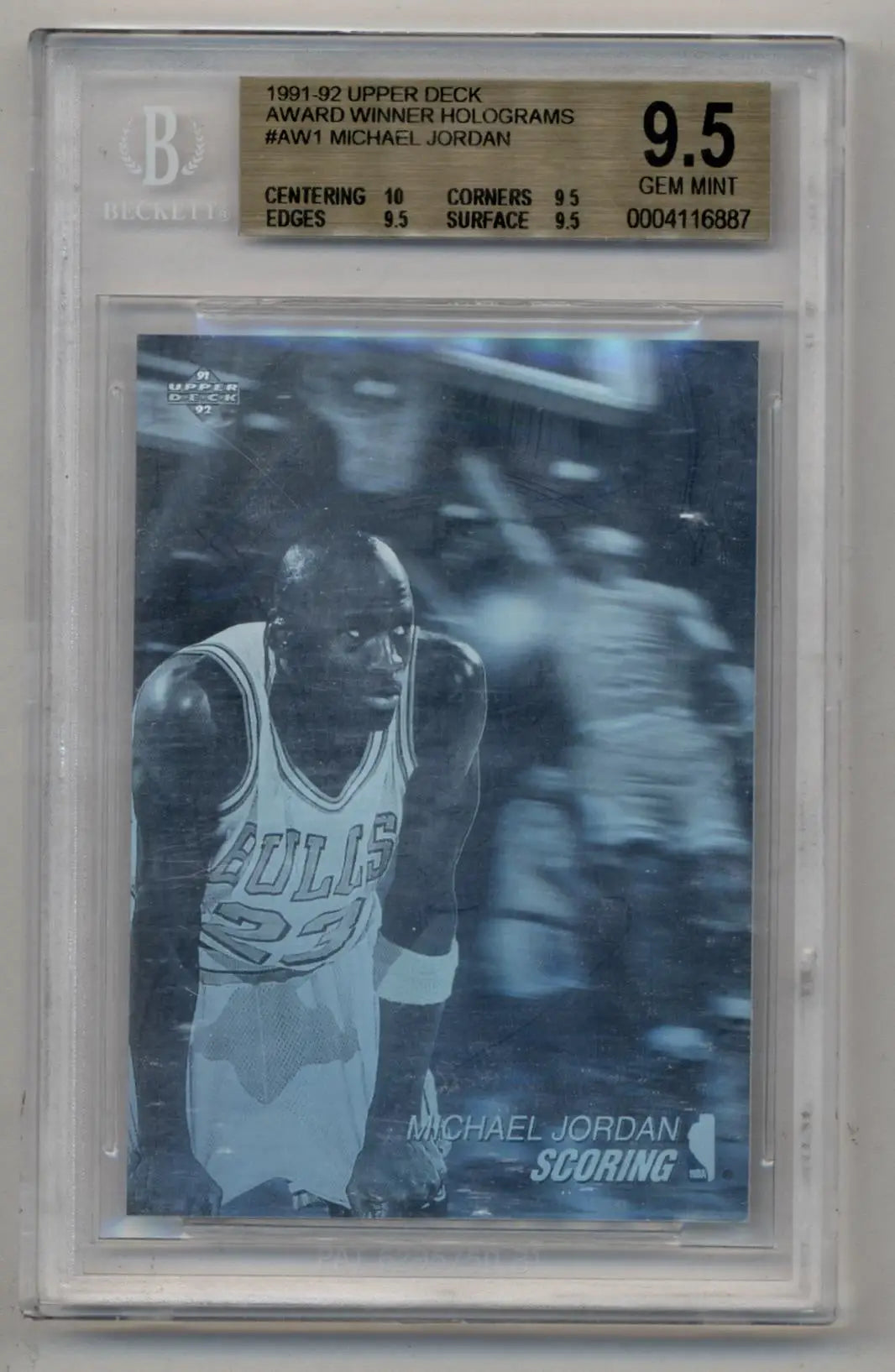 BGS-graded 9.5 Michael Jordan Upper Deck Award Winner Hologram trading card in case