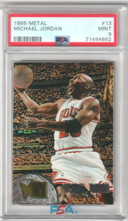 PSA-graded 1996 Metal Basketball Card of Michael Jordan shooting in Bulls uniform, Box Free Shipping