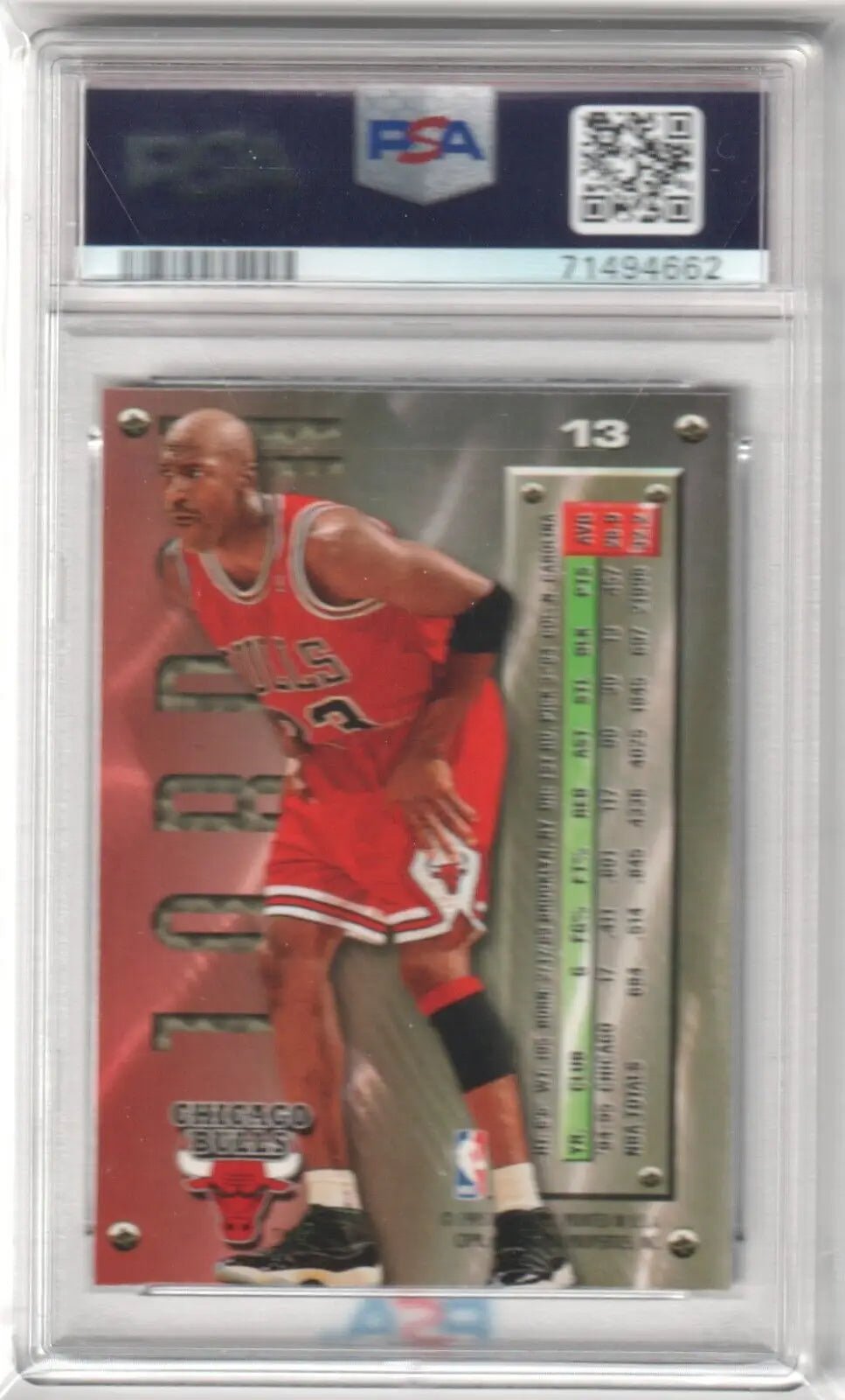 PSA-graded Michael Jordan 1995-96 Metal #13 single card from Columbia Hobby, Bulls uniform