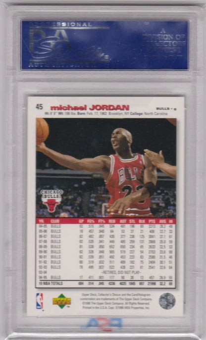 Basketball trading card of Michael Jordan in red jersey, PSA 10 GEM MINT, Bulls single cards