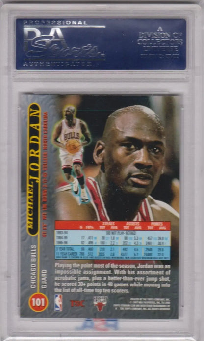 PSA-graded Michael Jordan 1996-97 Topps Stadium Club card in protective case, Bulls jersey