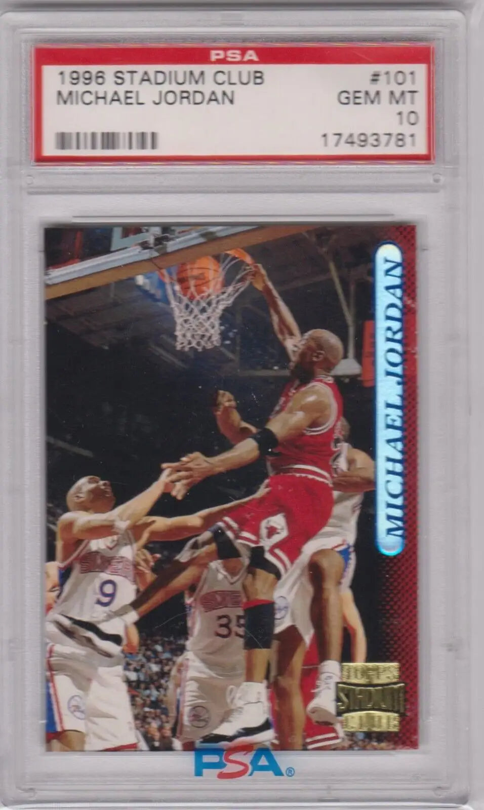 PSA-graded Michael Jordan 1996-97 Topps Stadium Club #101 basketball card with defenders