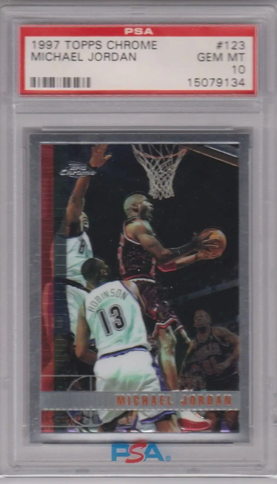 PSA-graded 1997 Topps Chrome basketball card of Michael Jordan in a protective case