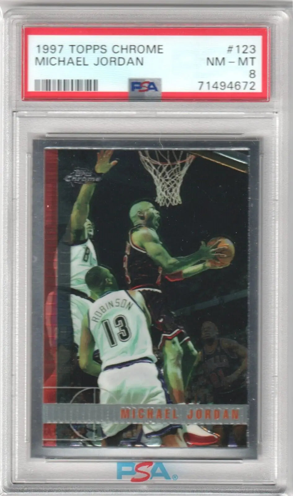 PSA-graded 1997 Topps Chrome Michael Jordan card in protective case from Columbia Hobby