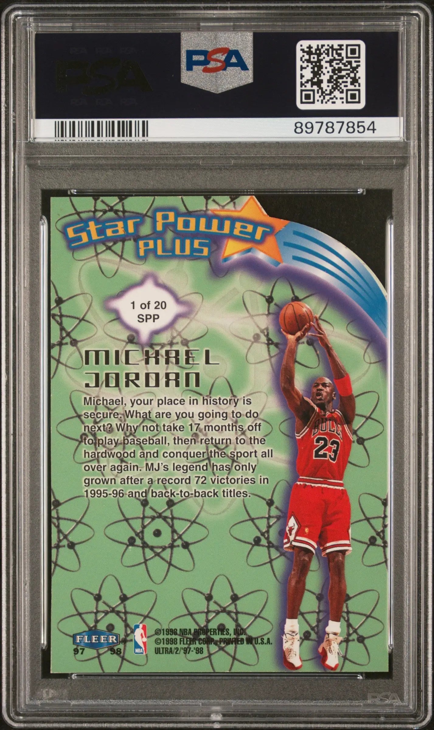 PSA-graded Michael Jordan 1997 Ultra Star Power Plus #1 card in Bulls jersey